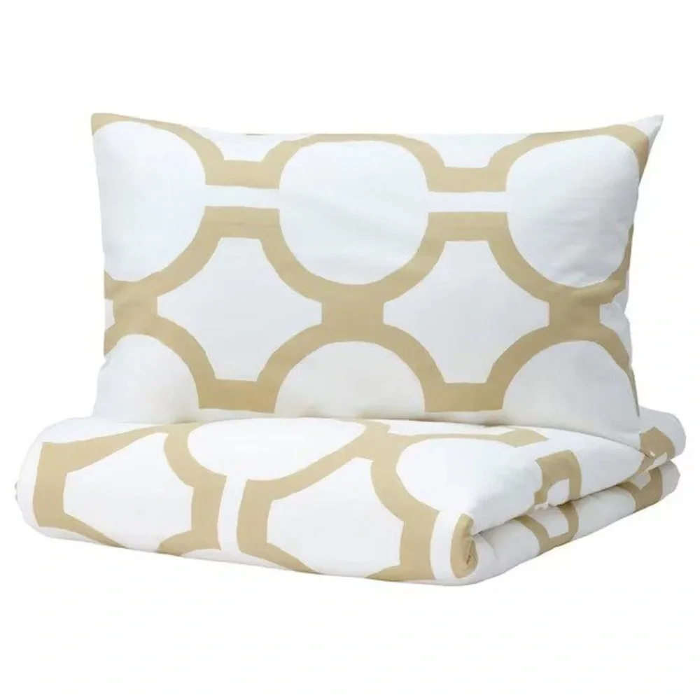 Ikea Glansblomma KING Sz White Beige Green Abstract Print Duvet Cover & 2 Shams